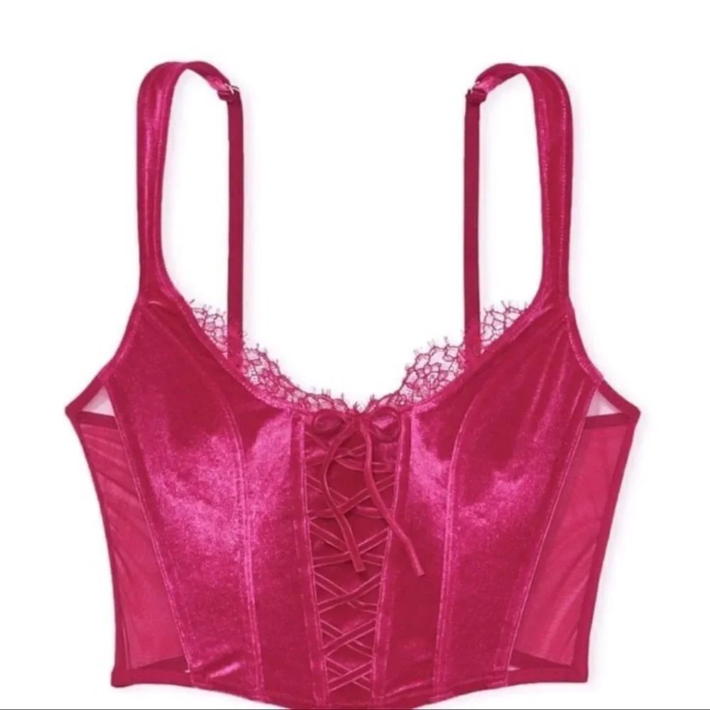 Victorias Secret Dream Angels Unlined Lace-up Velvet Corset Top Bra Pink Xlarge